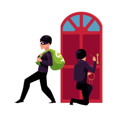 Thief, burglar breaking in house and walking away with money vector Thief, burglar breaking in house and walking away with money vector
