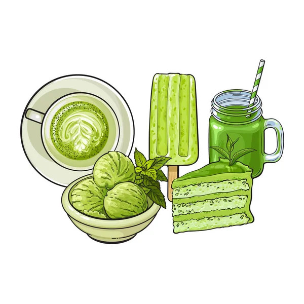 Nourriture dessinée à la main et boissons au thé vert matcha — Image vectorielle