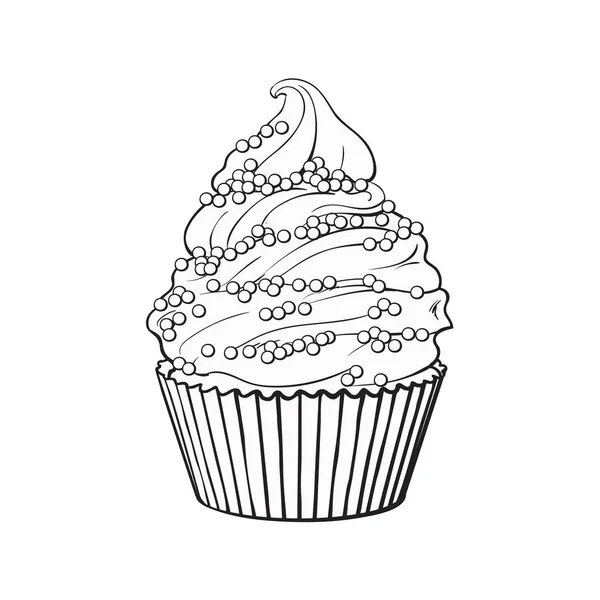 Cupcake desenhado à mão com redemoinhos de creme perfeitos e polvilhas — Vetor de Stock