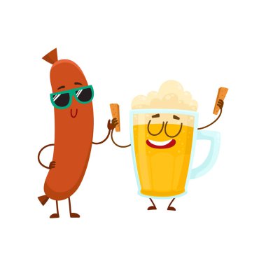 Komik bira cam ve frankfurter sosis karakter birlikte eğleniyor