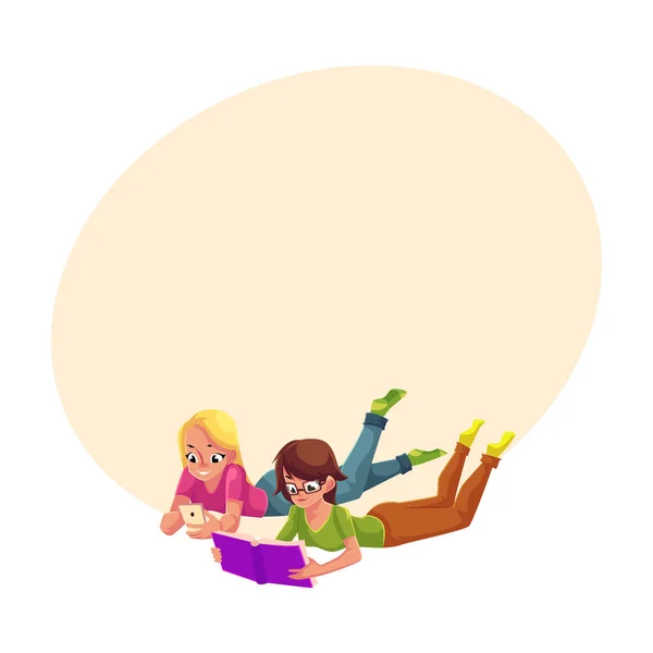 Deux filles, lire le livre et jouer avec le téléphone mobile, mentir — Image vectorielle