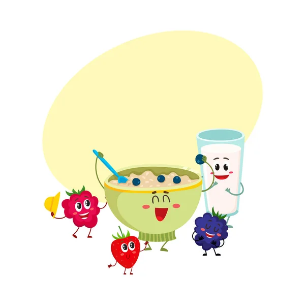 Funny sorridente ciotola farina d'avena porridge e lampone, caratteri mora — Vettoriale Stock