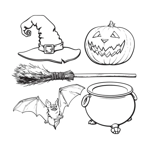 Ведьма, Хэллоуин аксессуары - шляпа, кастрюля, Джек о фонарь, метла, летучая мышь — стоковый вектор