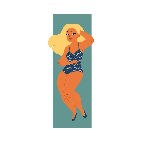 Prall, plus size blonde kurvige Frau, Mädchen im Badeanzug — Stockvektor