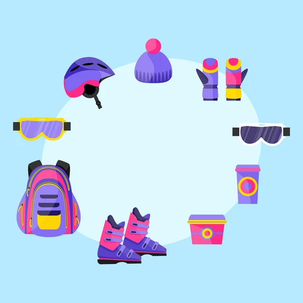 Esquí, accesorios de snowboard - casco, mochila, máscara, guantes, lonchera, taza — Archivo Imágenes Vectoriales