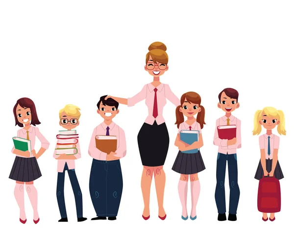 Female teacher standing with students, pupils — Stock Vector