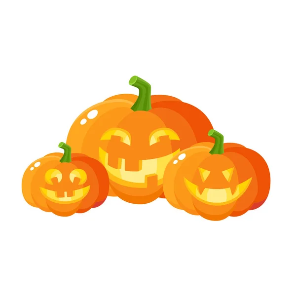 Three smiling, laughing, grinning pumpkin jack-o-lanterns, Halloween decoration element — Stock Vector