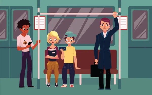 Pessoas no metrô vagão de trem, sentado, de pé e segurando corrimãos — Vetor de Stock