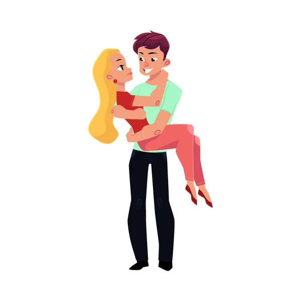 Feliz pareja amorosa, novio, hombre sosteniendo, llevando novia en brazos — Vector de stock