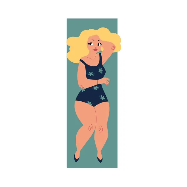 Mollig, plus grootte blond bochtige vrouw, meisje in zwemmen pak — Stockvector