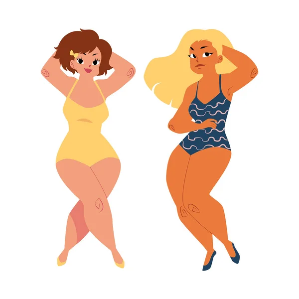 Plump, femmes courbes, filles, modèles plus de taille en maillots de bain — Image vectorielle