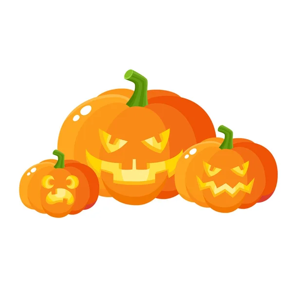 Tres aterradores, espeluznantes calabazas jack-o-linternas, elemento de decoración de Halloween — Vector de stock
