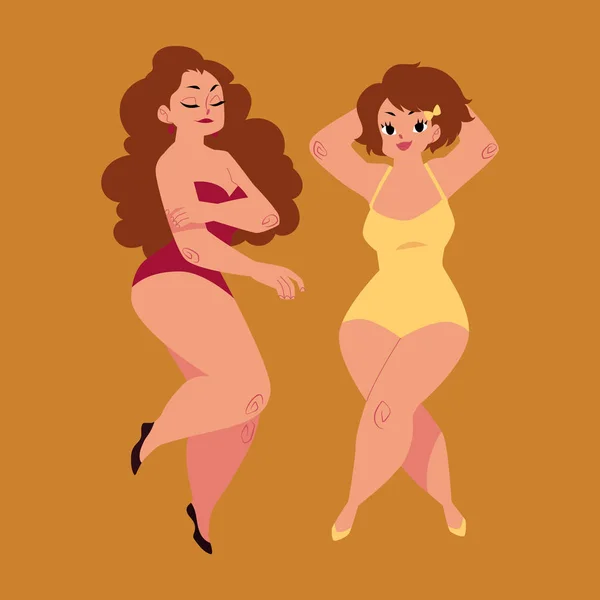 Plump, curvy women, girls, plus size models in swimming suits Vector Graphics