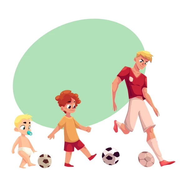 Baby, Kind und Erwachsener Fußballspieler spielen Fußball, Sport für alle Altersgruppen — Stockvektor