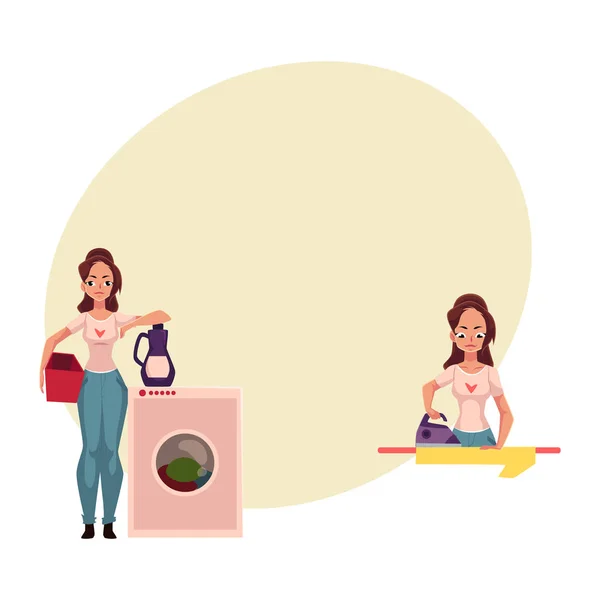 Mujer joven bonita, ama de casa haciendo tareas domésticas planchado, lavando el piso — Vector de stock