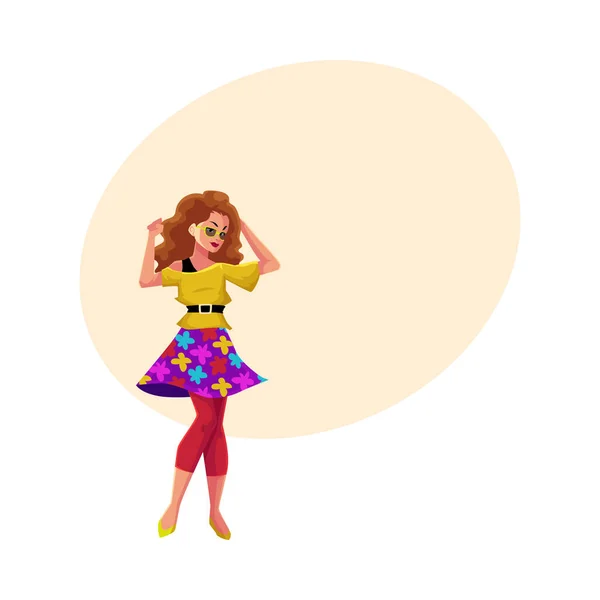 Девушка в стиле 80-х танцует на вечеринке ретро-диско — стоковый вектор