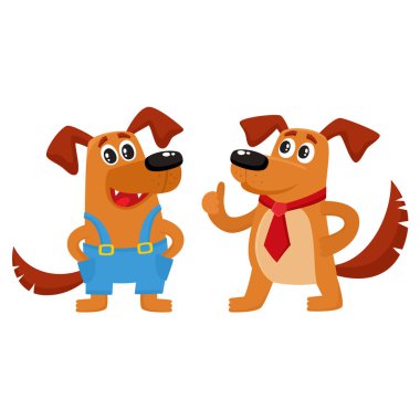 İki karakter, mavi tulum ve kırmızı kravat köpek