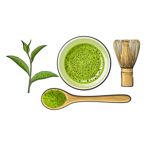 Matcha poeder kom, houten lepel en zwaaien, groene thee blad — Stockvector