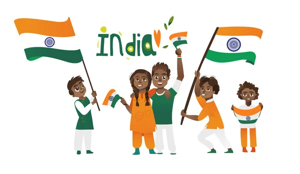 Indiai nép tartja, és a zászlóvivők tricolor — Stock Vector