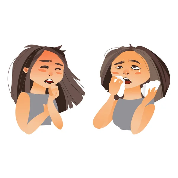 Mulher com sintomas de gripe - corrimento nasal, tosse —  Vetores de Stock