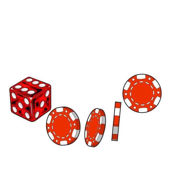 Dados rojos brillantes y fichas de juego, atributos de casino, ilustración de vectores — Vector de stock