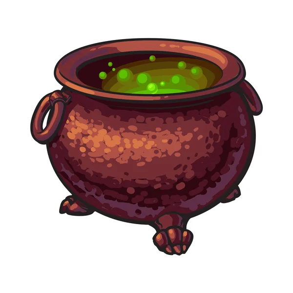 Chaudron d'Halloween avec potion verte bouillante à l'intérieur, illustration vectorielle isolée — Image vectorielle