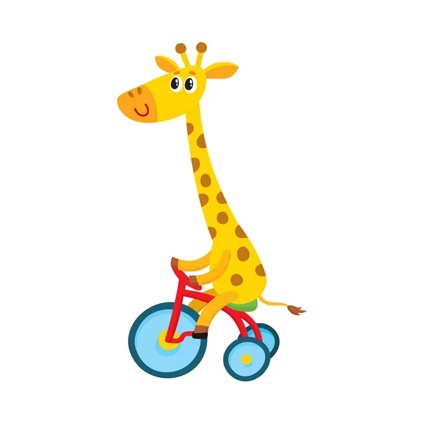 Lindo personaje jirafa poco montar en bicicleta, triciclo, ciclismo, ilustración de dibujos animados — Vector de stock