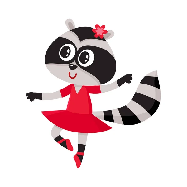 Cute raccoon character, ballet dancer in pointed shoes, tutu skirt — Stock Vector