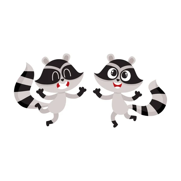 Два милых маленьких енота прыгают от счастья и восторга — стоковый вектор
