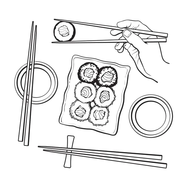 Набір японських суші, блюдо, руки, що тримає палички для їжі — стоковий вектор