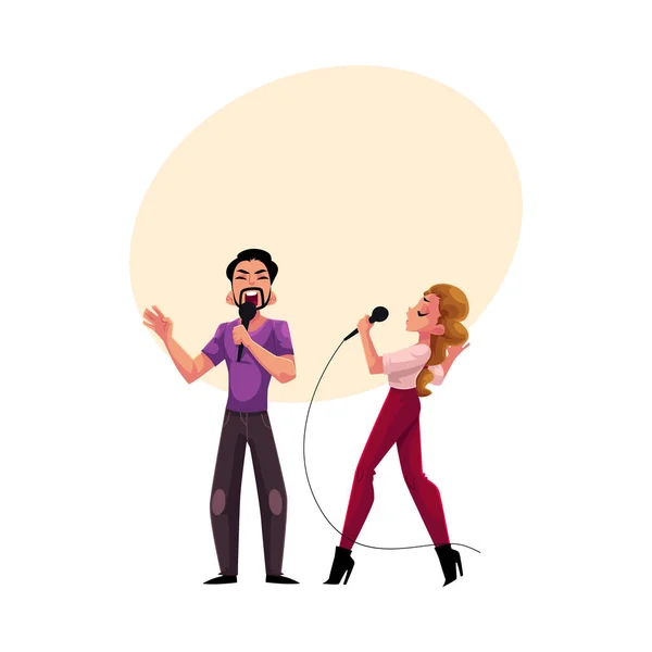 Man och kvinna, par sjunger tillsammans, KaraokeParty, tävling, tävling — Stock vektor