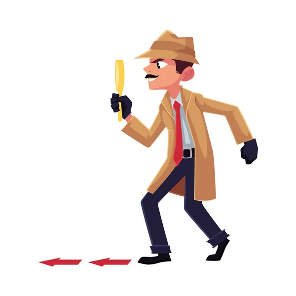 Detective personaje siguiente, de puntillas después de alguien con lupa — Vector de stock