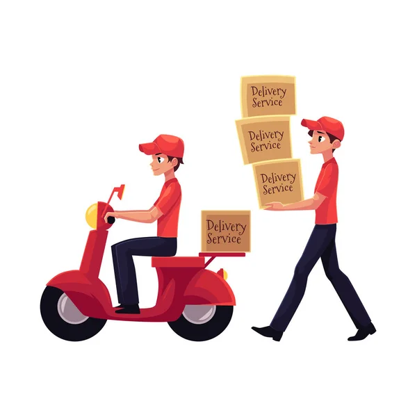 Mensajero que lleva la pila de cajas, entrega de paquetes por scooter, motocicleta — Archivo Imágenes Vectoriales