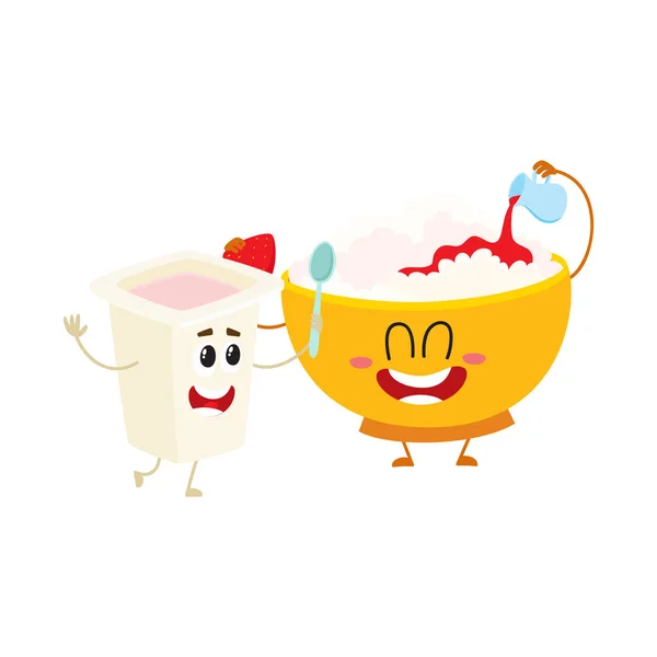 Smiling bowl of cottage cheese and yougurt cup characters, desayuno saludable — Archivo Imágenes Vectoriales