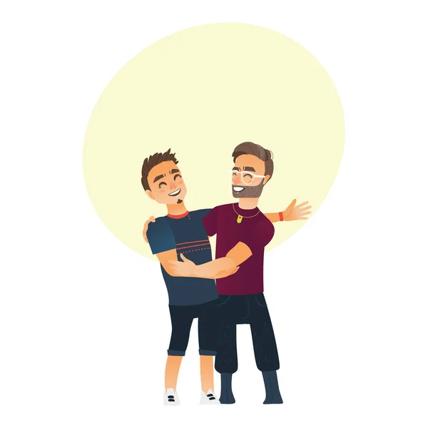 Manlig vänskap - två pojkar, män, vänner kramar varandras, vinka — Stock vektor