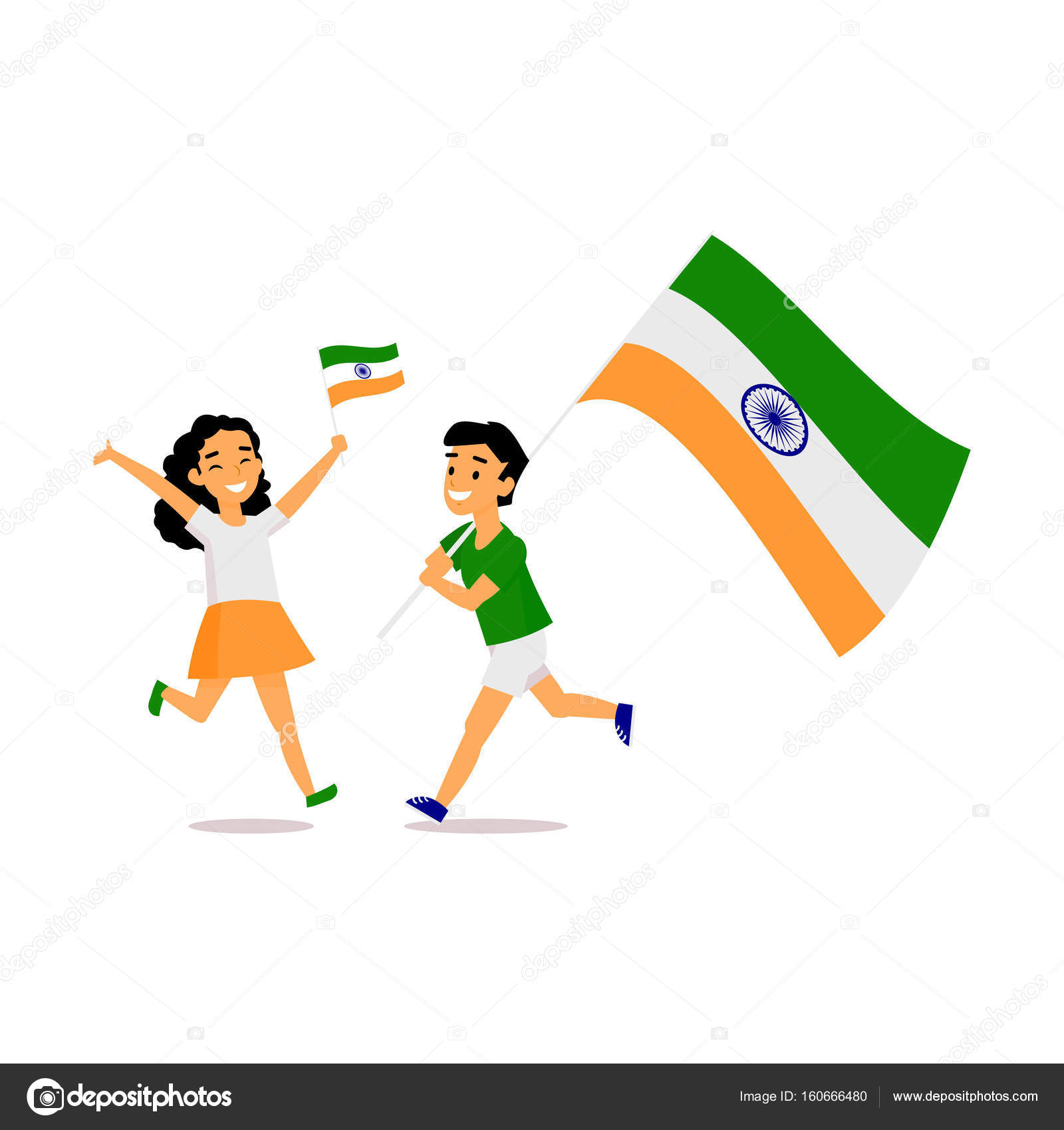 Kreskówka Indyjskich Dzieci Biegają Z Flagami Indii