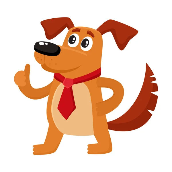 Funny dog character in red tie showing thumb up — Stock Vector