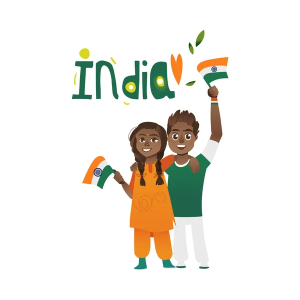 Fiatal pár, a férfi és a nő gazdaság indiai zászlók — Stock Vector