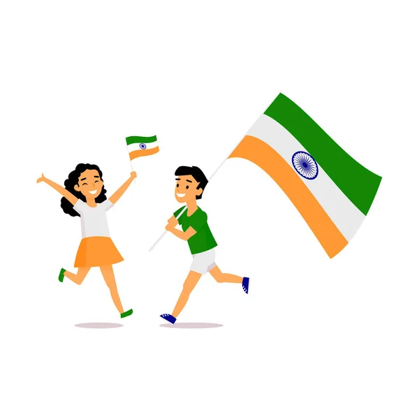 Dibujos animados niños indios corriendo con banderas indias — Vector de stock