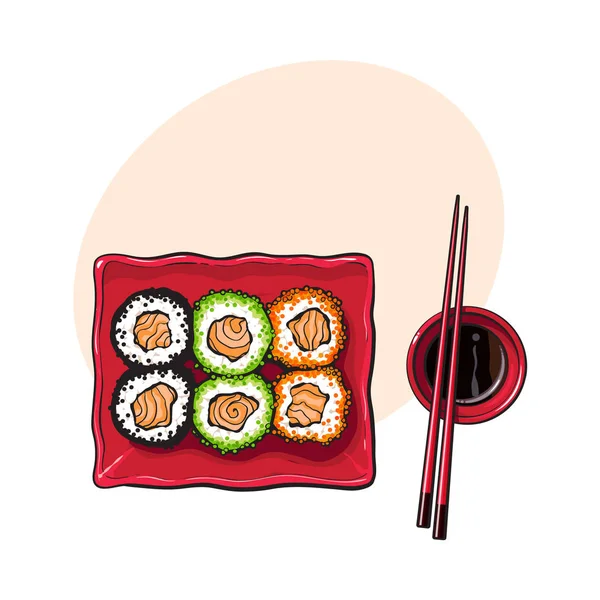 Assiette de sushis japonais, rouleaux, bâtonnets et bol de sauce soja — Image vectorielle