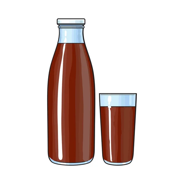 Dibujo vista lateral de botella y vidrio con leche de chocolate — Vector de stock