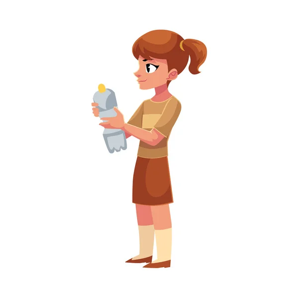 Девушка держит пластиковую бутылку, отходы, мусор концепции переработки — стоковый вектор
