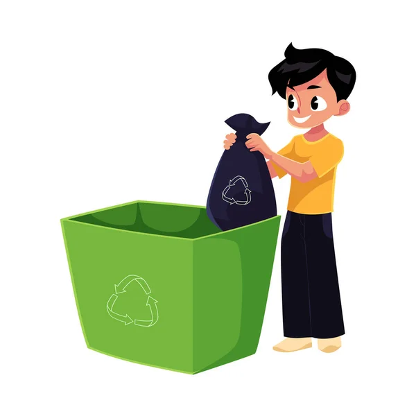 Fiú üzembe szemetes zsákot a szemetet bin, hulladék újrahasznosítás fogalma — Stock Vector