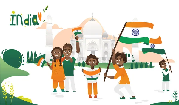 Personas con banderas indias, Taj Mahal, cartel de la India — Vector de stock