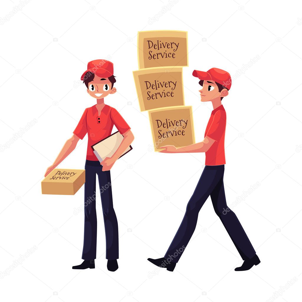 Courier, delivery service worker holding package, pushing dolly with boxes