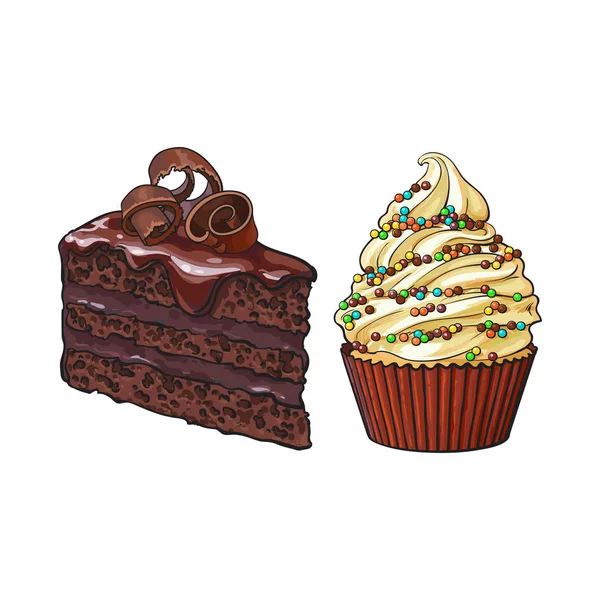 Sobremesas desenhadas à mão - cupcake e pedaço de bolo de chocolate em camadas —  Vetores de Stock
