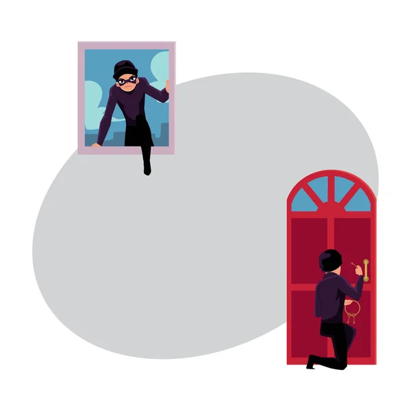 Thief, burglar breaking in house through front door and window