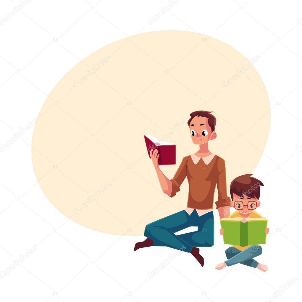 Young man and little boy reading books sitting legs crossed