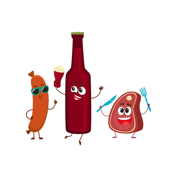 Happy beer bottle, meat steak, frankfurter sausage characters having party — Stock Vector