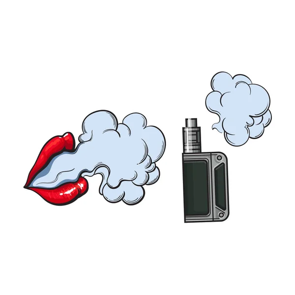 Vape, vaping 장치 및 아름 다운 입술에서 나오는 연기 — 스톡 벡터